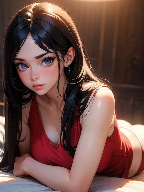 a girl, black hair, 1980s style, red sleeveless dress, long hair, white panties, bum, beautiful detailed eyes, beautiful detailed lips, extremely detailed eyes and face, long eyelashes, photorealistic, 8k, ultra-detailed, highly detailed, masterpiece, realistic, cinematic lighting, dramatic lighting, vibrant colors, warm color tones