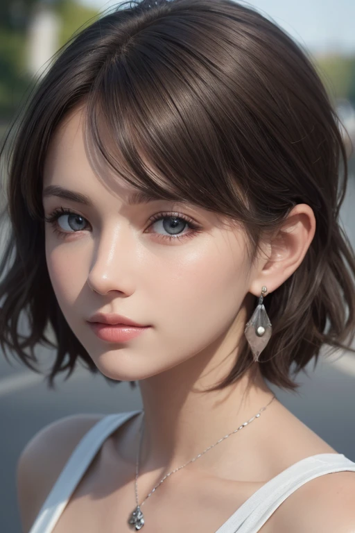 (photograph:1.2)、(photorealistic:1.3)、(masterpiece:1.3)、(Highest image quality:1.4)、ultra high resolution、(detailed eyes)、(detailed facial features)、(Detailed garment features)、8k resolution、solo focus、2 mature woman、small face、no makeup、Detailed beautiful eyes、bangs、dark brown hair、short cut hair、(realistic skin)、beautiful skin、charming、ultra high resolution、Super realistic、High definition、white shirt open,middlebre、small breasts、bust B cup、small breasts、cool beauty、Gray background、cinematic lighting、perfect、soft light、High resolution skin:1.2、realistic skin texture、2 mature woman、small face、no makeup、Bust B Cup、Detailed beautiful brown eyes、short hair、dark brown hair、Cool beauty、gray background high quality、masterpiece、High resolution、1 female、necklace、gem、Earrings、Beautiful Face、Body Up、Tyndall effect、Realistic、Rim Light、Two-tone lighting、(High resolutionスキン:1.2)、8k ウルトラHD、Digital SLR、Soft lighting、high quality、Volumetric lighting、photograph、High resolution、4K、8k、Brown haired woman、Adult、Small eyes、Perfect Mouth、Highly detailed eyes and mouth、Black natural eyes、Pure brown hair color、lol、Caucasian skin color、Hair quality and shine、street、town、road、congestion、lol顔，Upper teeth(Blue and white camouflage tank top)
