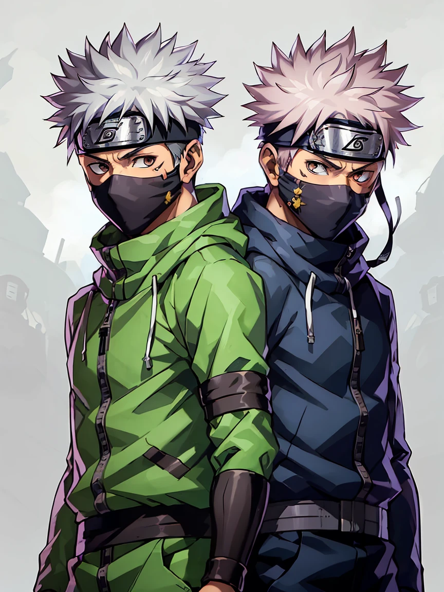 **Appearance of Itadori and Kakashi Fusion:**

- **Face:** A youthful yet mature face, combining Itadori’s friendly and determined expression with Kakashi’s calm, experienced look. The fusion’s left eye is covered by a forehead protector, while the right eye retains Itadori’s normal look, but with a more focused and serious gaze.

- **Hair:** A mix of Kakashi’s spiky silver hair and Itadori’s short pink hair. The hairstyle is slightly messy, with a blend of both colors, giving it a unique, striking appearance.

- **Attire:** A combination of Kakashi’s standard shinobi gear, including the flak jacket and arm guards, mixed with the more casual elements of Itadori’s school uniform. The fusion wears a black mask covering the lower half of the face, reminiscent of Kakashi’s signature look.

- **Expression:** Generally cheerful and approachable, with a laid-back demeanor. However, the fusion’s eyes reveal a deeper understanding and seriousness, reflecting the experiences of both characters.

- **Posture:** Relaxed but alert, standing with the confidence of a seasoned ninja and the readiness of a skilled fighter. The fusion’s stance is casual yet prepared, showing a perfect blend of combat awareness and easy-going nature.

**Animes:**
- **Yuji Itadori:** *Jujutsu Kaisen*.
- **Kakashi Hatake:** *Naruto* series.