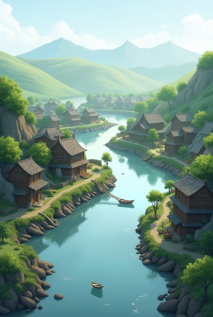 Create an image of a riverside landscape with houses on the riverbank

