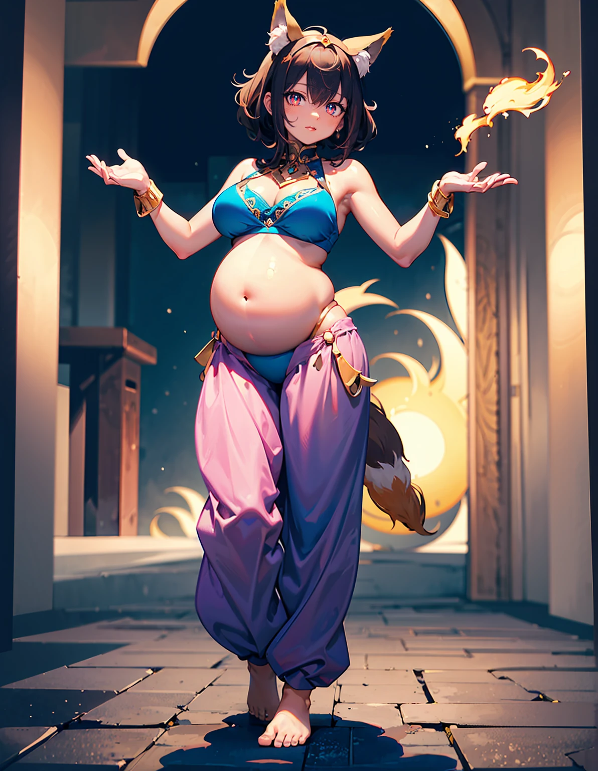 (best quality, ultra-high resolution, depth of field:1.2), (full body shot:1.2), (perfect body:1.2), (big breasts:1.2), (round pregnant belly:1.2), (navel:1.2), beautiful face, (fox woman), radiant eyes, (pink eyes:1.2), (beautiful smile), (black hair), animal ears, (fox ears), (fluffy fox tail), (wearing a baggy harem belly dance pants:1.2), (bare feet:1.2), (full of jewelry:1.2), night time, (multiple points of views), (standing pose:1.2)