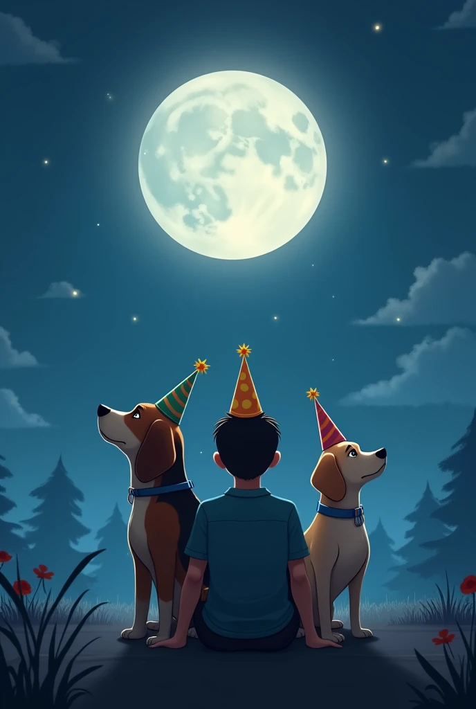 two dogs back to back with birthday hats looking at the moon. A large beagle dog and a small Labrador dog, And a young man with his back turned sitting looking at the moon with a birthday hat on.