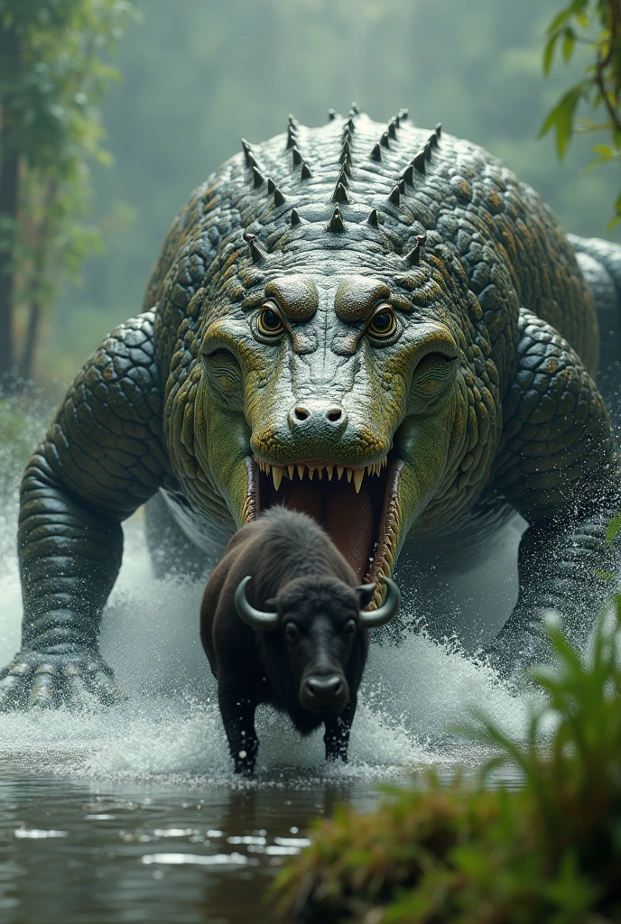 A huge alligator, with green and brown scales, is hiding in the murky waters of a swamp. His eyes, just two spheres emerging from the surface, watch intently as the buffalo approaches the shore. The buffalo, with its dark and muscular coat, walks carefree, grazing calmly. Suddenly, the alligator makes an explosive movement; With surprising strength, it launches itself from the water, its pointed claws and mouth open in a colossal attack. Drops of water fly in all directions, while the alligator shoots through the air, aiming directly for the buffalo's neck, with the intention of grabbing and dominating its prey.