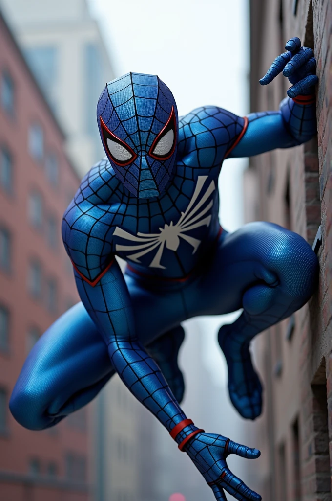 Spider man, Blue and Silver color scheme, Jumping from a building, with a 5 star symbol on the chest