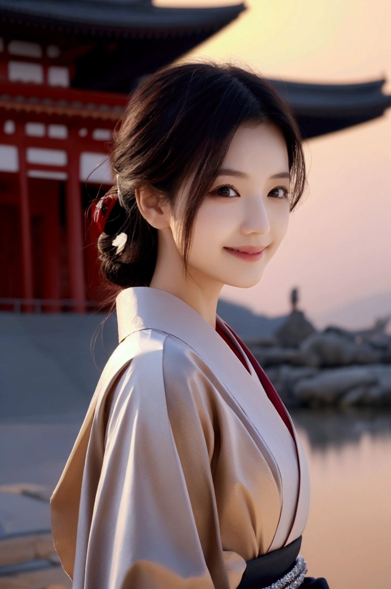 Deep red undertones、Elegant smile、Highest quality、4K、detailed high resolution、Historical temple background、Realistic photo style、Healthy body shape、Beautiful Eyes、Flowing jet black hair、Gorgeous coloured kimono、Calm expression、Warm lighting、Old-fashioned Japanese art style、Rich colors、Serene atmosphere、Detailed Features、Elegant standing posture、Landscape dyed in the sunset