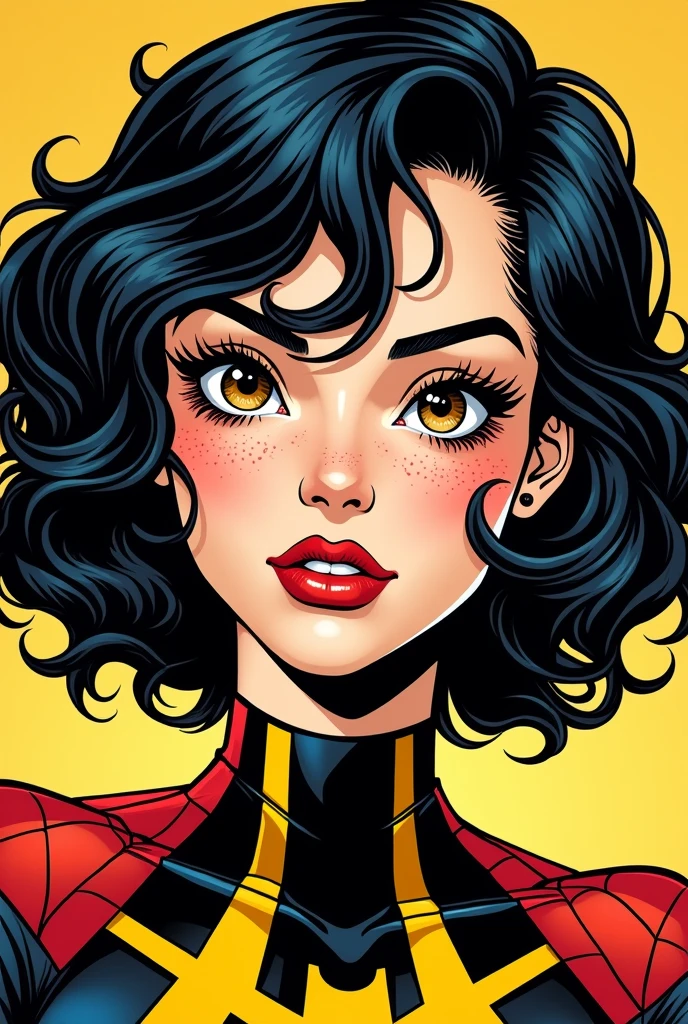 Make me a comic book girl dressed as spiderwoman, quite a bit of short curly black hair with yellow part below, semi-slanted eyes, semi wide nose with freckles on his face, face outlined with something round, Very pretty semi-wide lips and white skin, black eyes with some brown.. We don&#39;t know much
