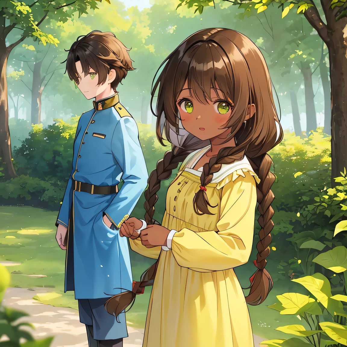 Lakeside surrounded by greenery, A scene where a boy and a girl meet, (A brown-haired yellow race boy wearing a blue military uniform:1.3), BREAK, (A girl wearing a light yellow loose dress with black hair tied in braids on both sides:1.2), girl is dark-skinned and green eyes, The scene of a fateful encounter.