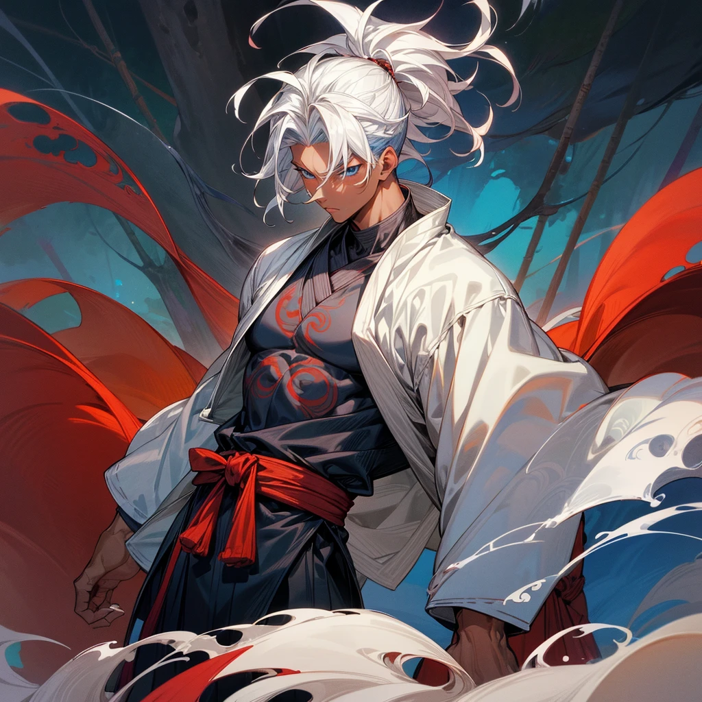 1male , dark skin, adult, finely detailed blue eyes, muscular build, modern undercut, medium messy hair, white hair, fitted sleeves, white yukata with reg swirls, red sash, ninja clothing, serious experssion, forest background, standing on path