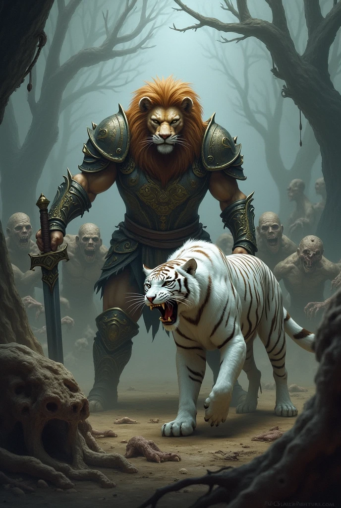 A humanoid lion warrior, along with a humanoid white tiger, facing a horde of zombies.