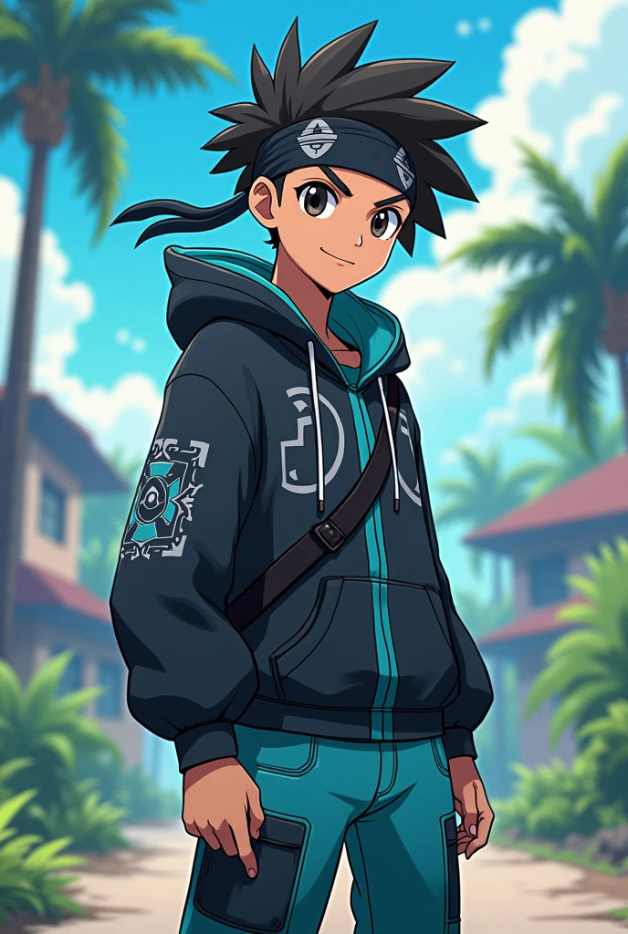 Make an indigenous Pokémon trainer with a skater outfit and a bandana on his forehead. I want the color of his clothes to be black and cyan, but I want it with Pokémon anime features. I want the bandana to be black. 