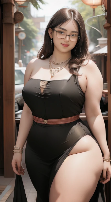 there is a woman in a black polite formal clothes posing for a picture, beautiful thick female, thicc, wide hips, thick thighs, alluring plus sized model, rubenesque, thick legs, large thighs, plus size woman, widest hips, thick body, thick, curvy hourglass figure, curvy model, arabian-Indonesia-japanese goddess , beautiful curvy female, slightly fat arms , wearing 5 bracelet, wearing 3 diamond necklace , glasses 
