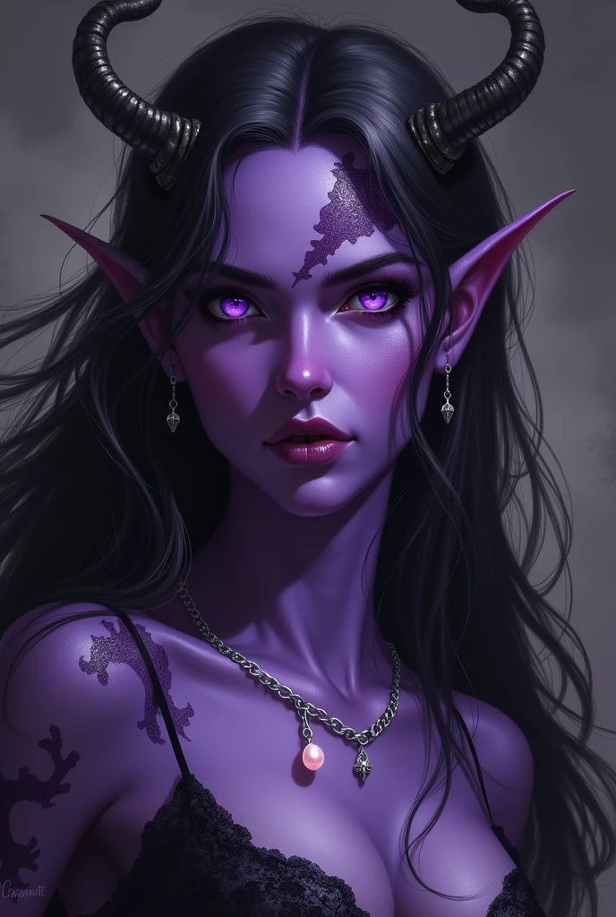 Fazer imagem de uma personagem tiefling feiticeira de d&d, purple skin, with a scar on her face, longye hair, purples eyes, macabre appearance and a silver necklace with a small, light pink pearl inside it
