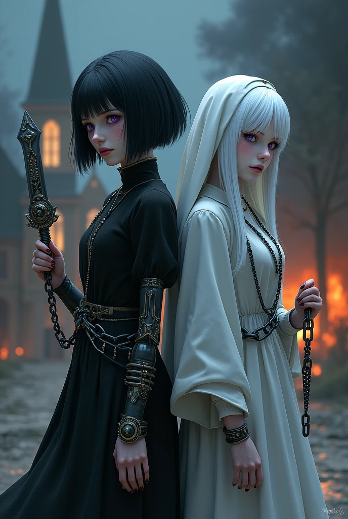 Two pale middle-aged girls chained back to back with violet eyes, with the one on the left with short black hair in dark alchemist clothes and with a steampunk prosthesis holding a dagger with the baphomet symbol in her left hand, and a cut on the face, and the one on the right with white hair and white nun clothes holding a rosary, with a burning church behind, the night.