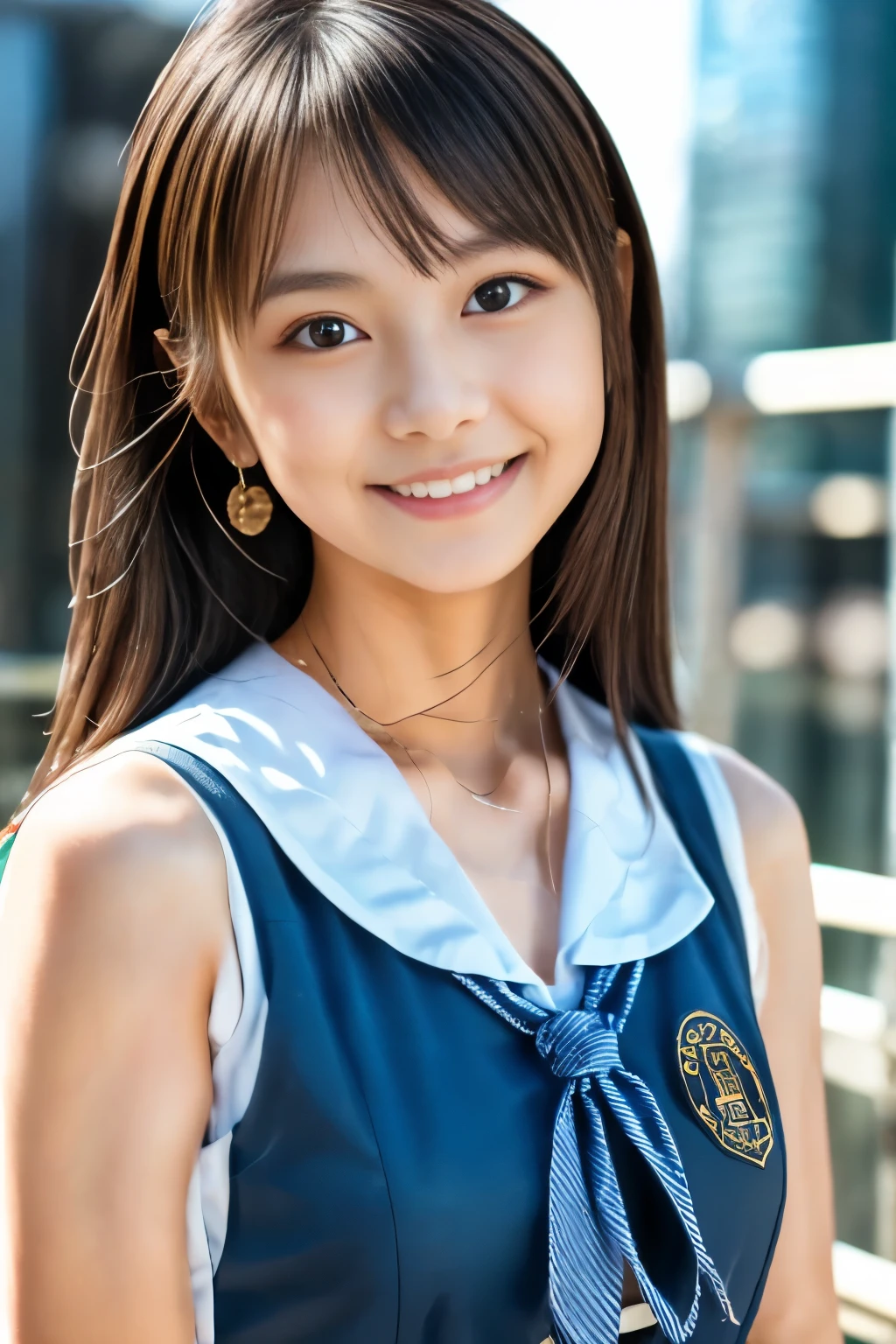 (Masterpiece:1.3), (8K), (Best Quality:1.4), (UHD:1.2), (Photorealistic:1.3),( Raw Photography), (1girl), (Ultra High Detailed), (Detailed face), very perfect beautiful and cute face, (Detailed hair), Beautiful hair, bangs, (symmetrical eyes:1.3), (Detailed eyes), (Detailed skin), Realistic skin, shiny skin, Ultra high definition, (slim figure), (super model figure), gentle smile:1.2, (A very beautiful and cute Japanese girl with a gentle expression), 27yo,
( wearing a Japanese high school sailor uniforms, earrings ), On the observation deck of a skyscraper, standing