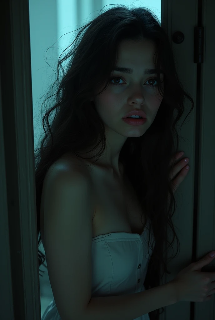Young woman ..big curvy hips..big breasts..long hair...Russian..near the open door.. crying.. But it&#39;s night outside.. 