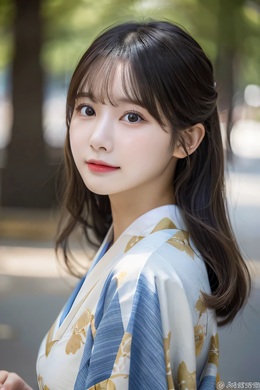 (kimono)、(top-quality,masterpiece:1.3,超A high resolution,),(ultra-detailliert,Caustics),(Photorealsitic:1.4,RAW shooting,)Ultra-realistic capture,A highly detailed,High resolution 16K human skin close-up。 Skin texture is natural、,The pores are、Must be detailed enough to be easy to identify。 Skin should look healthy with even tones。 Use natural light and color,1人,japanes,23years old,kawaii,A dark-haired,Middle hair,,smil,Turn your body to the front,(front-facing view:1.2),,(、tear bags、solid bangs、best qualtiy、超A high resolution、depth of fields、chromatic abberation、、Wide range of lighting、Natural Shading、), (Large Breasts:1.3,