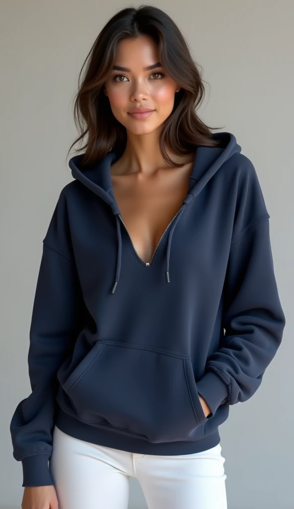 (navy blue oversize hoodie:1.1), (white half pant legs Leggings:1.2),,Wearing Clear and detailed facial features,huge cleavage,4k,,salma hayek,smiling,beautiful woman
