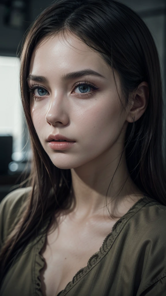 A beautiful woman, a young woman, a woman, face, beautiful detailed eyes, beautiful detailed lips, extremely detailed eyes and face, long eyelashes, detailed detailed, author machine, makeup, prison, prison uniform, photorealistic, 8k, cinematic, high quality, high definition, hyper realistic, dramatic lighting, dramatic shadows, chiaroscuro, rich details, intricate details, masterpiece