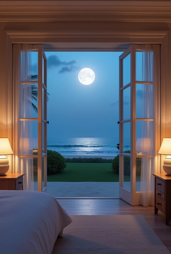 view from the bedroom in a neoclassical style beach house, white and close. large glass doors only, with lots of external views, light wood floor, blinds,2 lampshades, neoclassical decoration and boiserie on the ceiling, outside first a lawn, then sand and then the Caribbean sea and the horizon, the night with. Mattire. the night the moonlight