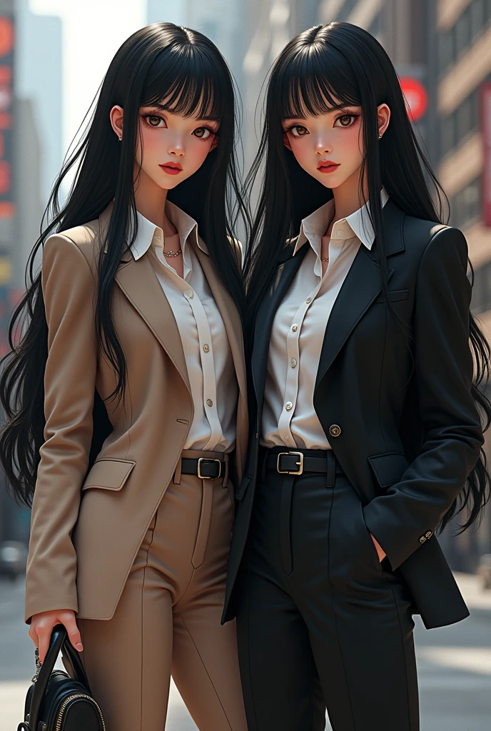 2 girl with long black hair and big black nose and small mouth in urban suit, she is 154 tall and thin