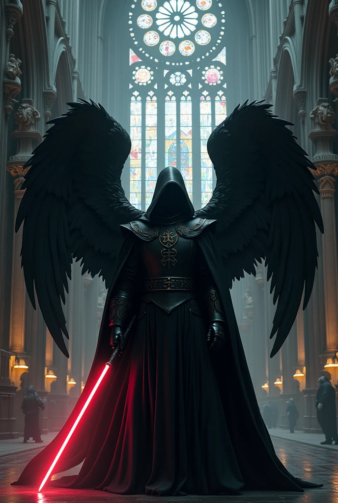 a catholic sith templar knight with black angel wings in front of a gothic church