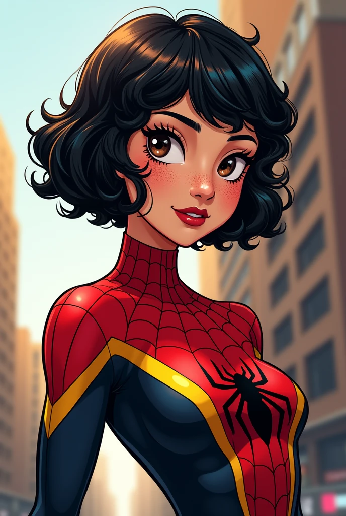 Make me a comic book girl dressed as spiderwoman, quite a bit of short curly black hair with yellow part below, semi-slanted eyes, semi wide nose with freckles on his face, face outlined with something round, Very pretty semi-wide lips and white skin, black eyes with some brown.. we eat little, with a not so adult face