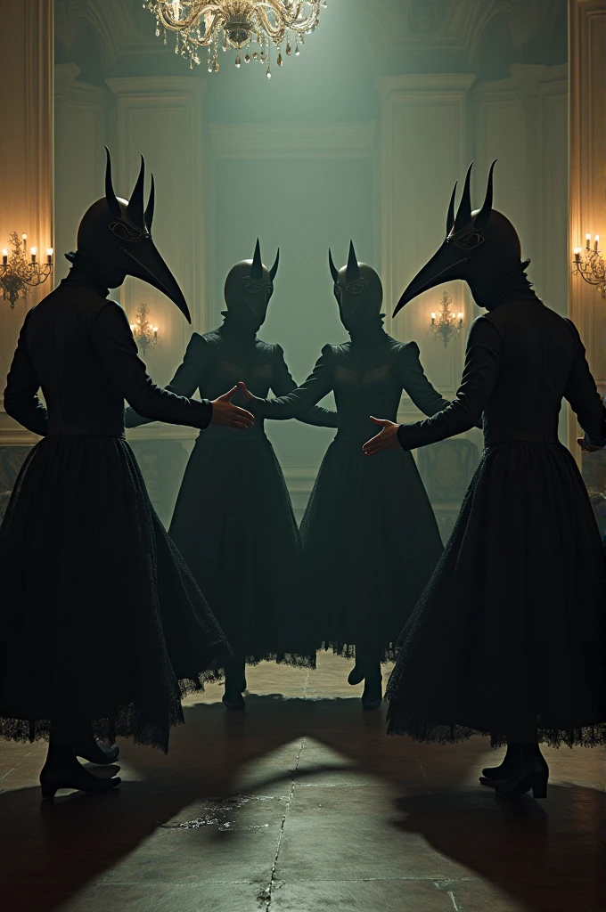People dancing with the black plague mask