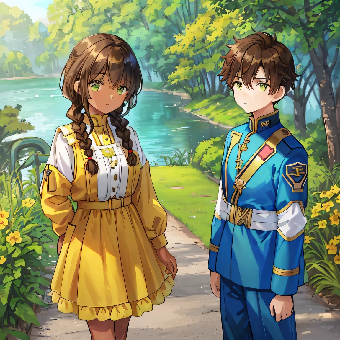 Lakeside surrounded by greenery, A scene where a boy and a girl meet, (A brown-haired yellow race boy wearing a blue military uniform:1.3), boy is brown eyes, (BREAK), (A girl wearing a light yellow loose dress with black hair tied in braids on both sides:1.2), (girl is dark-skinned and green eyes), The scene of a fateful encounter.