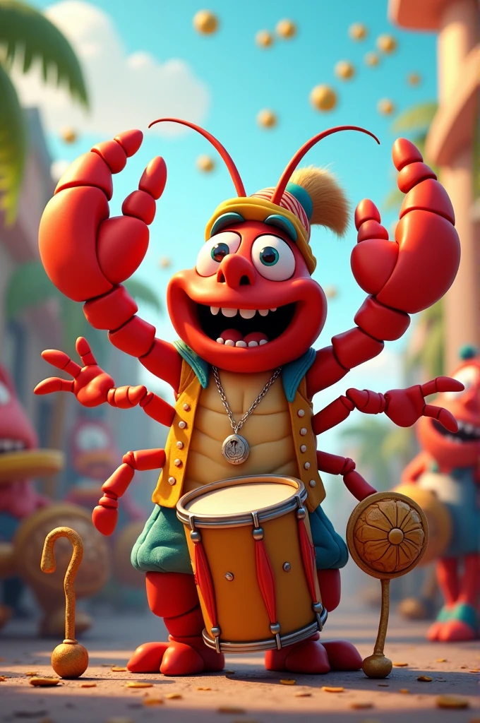 Generate an image, must have a cartoon lobster, drums, whistles and at the top you must say the following phrase in Spanish "Lobster Recreation" as it is written without accents and both words begin with a capital letter