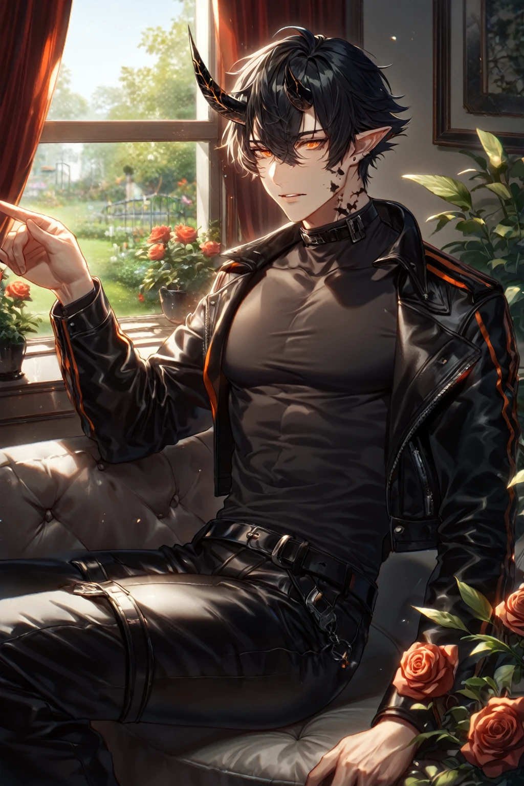 absurdres, highres, ultra detailed, HDR) master piece, best quality, extremely detailed, delicated features, Flamebringer, black hair, expressive orange eyes, Arknights, solo, sexy man, handsome, toned, sensual, black horns, slightly pointed ears, black marks on the face, cropped leather jacket with orange patterns, tight turtleneck shirt, collar, black leather pants, sitting, window, red curtains, garden, red roses