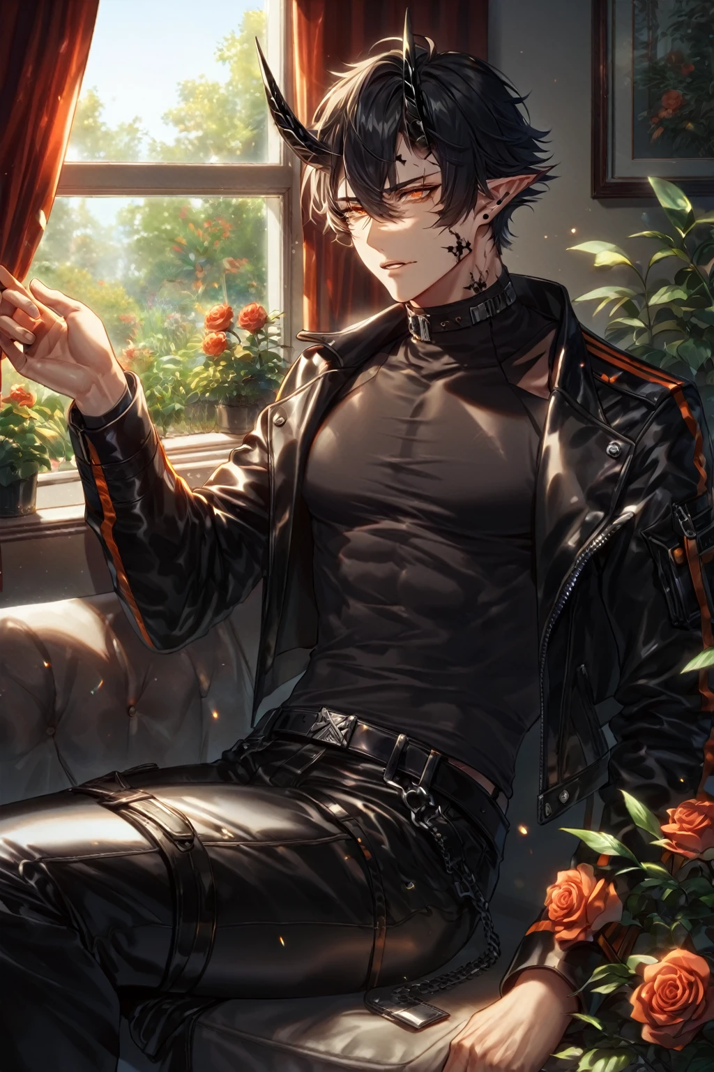 absurdres, highres, ultra detailed, HDR) master piece, best quality, extremely detailed, delicated features, Flamebringer, black hair, expressive orange eyes, Arknights, solo, sexy man, handsome, toned, sensual, black horns, slightly pointed ears, black marks on the face, cropped leather jacket with orange patterns, tight turtleneck shirt, collar, black leather pants, sitting, window, red curtains, garden, red roses