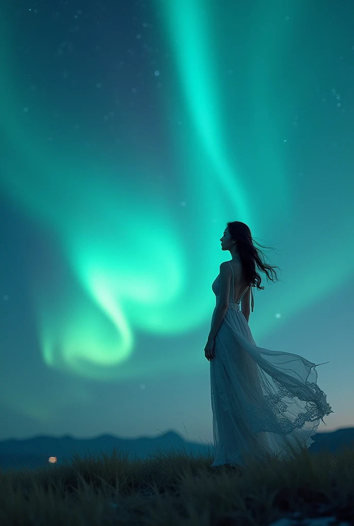 8k Beautiful Asian woman wearing a long drees, watching the night sky in the distance, with northern lights