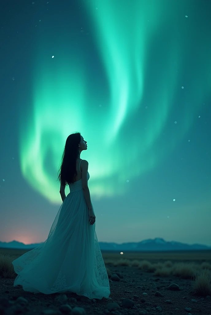 8k Beautiful Asian woman wearing a long drees, watching the night sky in the distance, with northern lights