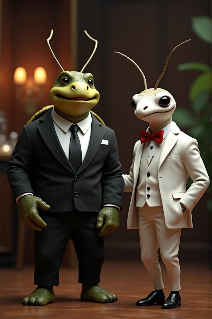 Mr. Turtle in a smart black suit and Mr. Mosquito in a smart white suit