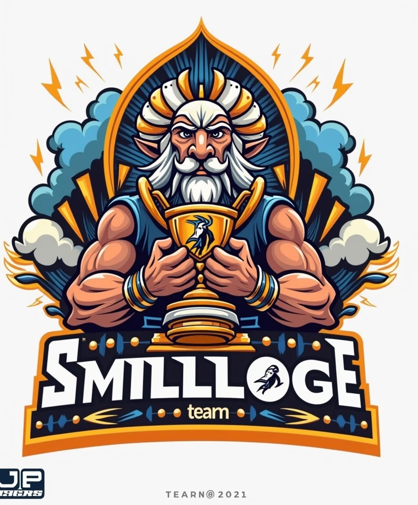 create a sports logo with the name "village" with a mascot God of thunder Tupã holding a trophy with goat written inside