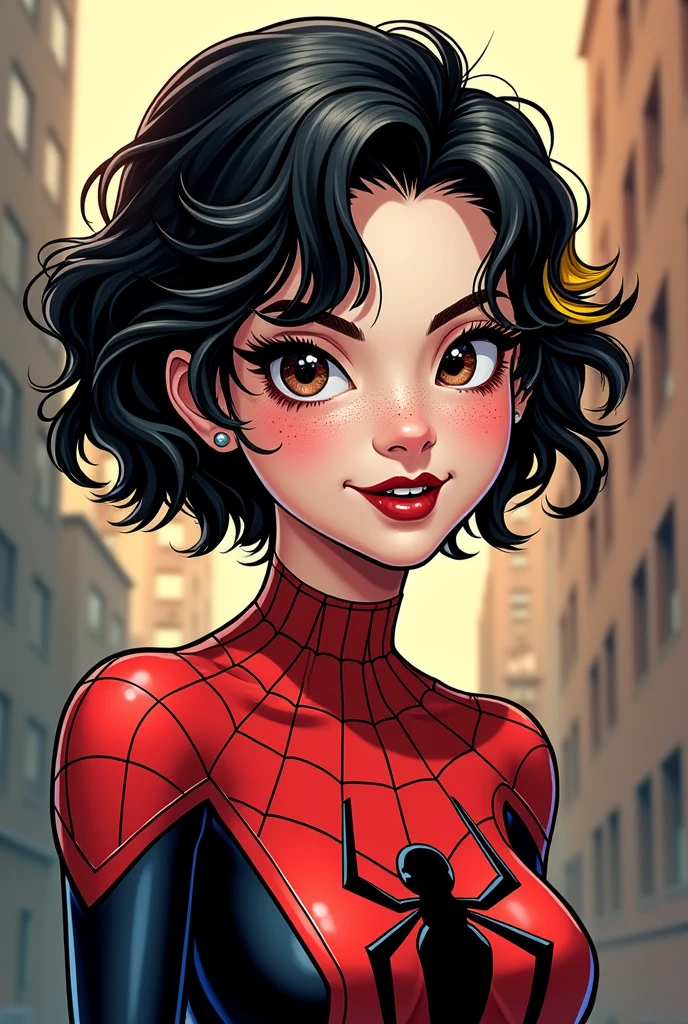 Make me a comic book girl dressed as spiderwoman, quite a bit of short curly black hair with yellow part below, semi-slanted eyes, semi wide nose with freckles on his face, face outlined with something round, Very pretty semi-wide lips and white skin, black eyes with some brown.. we eat little, with a not so adult face