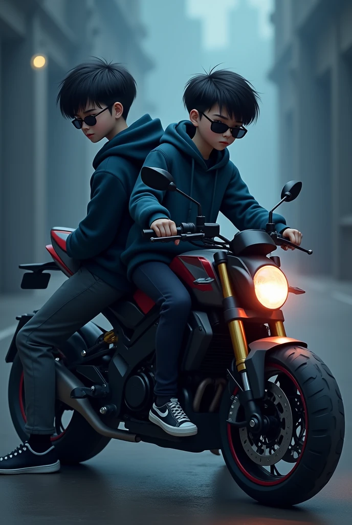 Create a 3D illusion for a profile picture where a 2 cute boy in a dark blue hoodie sitting casually on a Failure Shadow bike. Wearing sneaker and sunglasses, He looks ahead. The background features will be black with some light coming from behind..