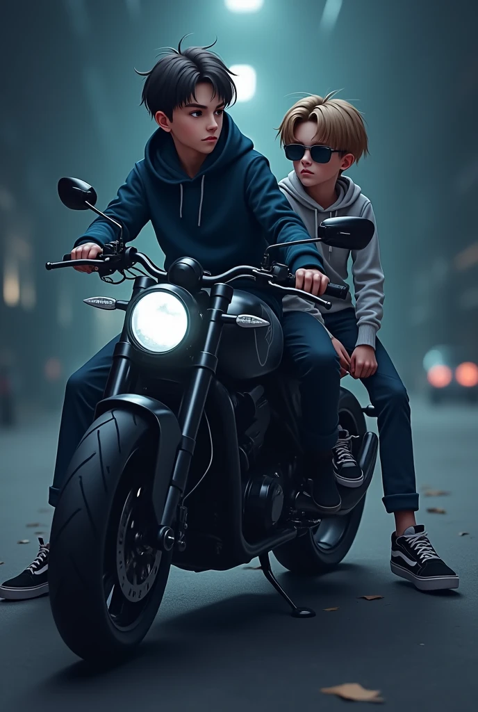 Create a 3D illusion for a profile picture where a 2 cute boy in a dark blue hoodie sitting casually on a Failure Shadow bike. Wearing sneaker and sunglasses, He looks ahead. The background features will be black with some light coming from behind..