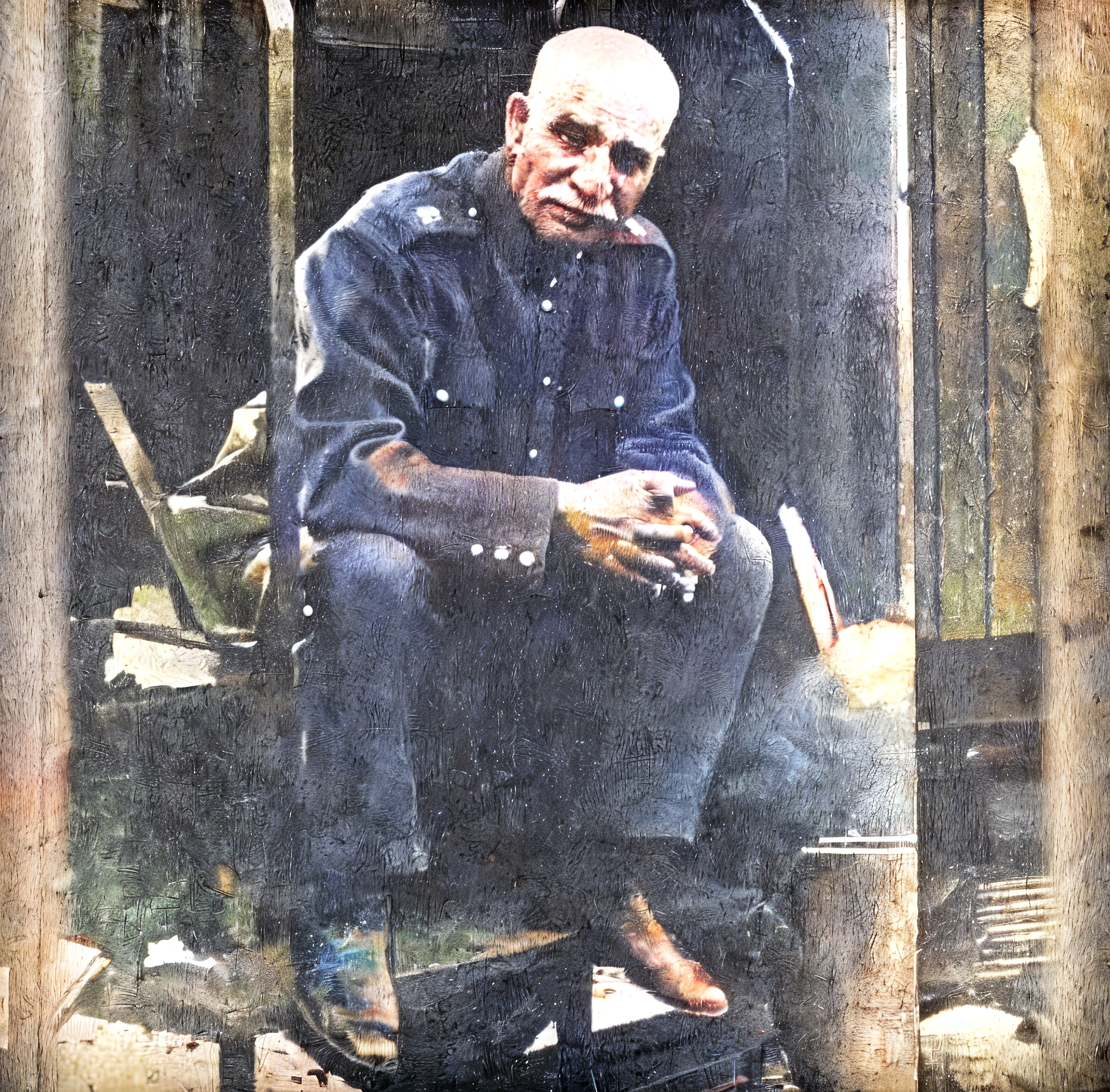 Old gentleman with a goatee，sit on chair，Eyes look at boots，Black high-gloss rain boots, 8K分辨率,Wallpaper masterpiece，Best quality，Highly meticulous，Ultra high quality