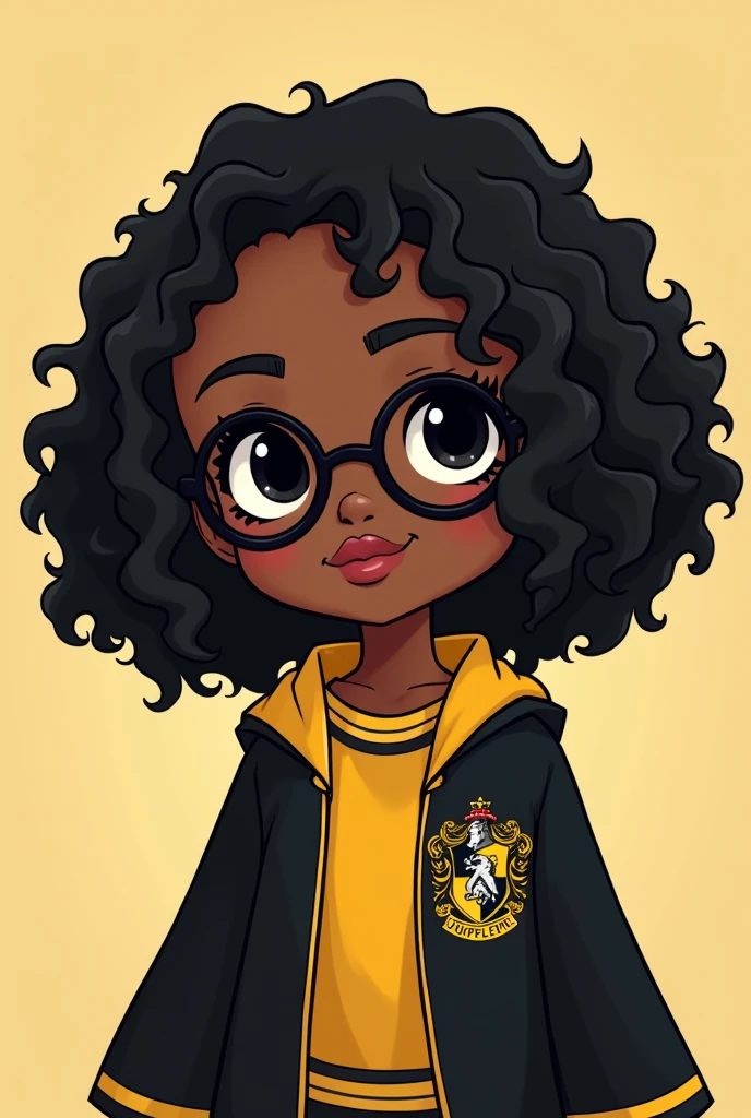 Chibi style illustration, black woman WITH DARK SKIN, dark CURLY AND VOLUMOUS shoulder length hair, Oval face, dark drooping eyes, black cat eye glasses, small-nose, fleshy lips, She is dressed in a beautiful Hufflepuff outfit., including a black cape with yellow details and a yellow and black striped scarf, Hufflepuff crest is visible on his chest. she has a cheerful and loyal expression.