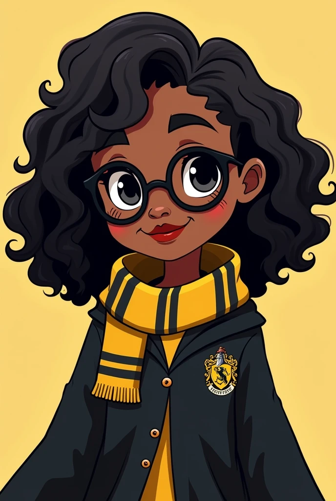 Chibi style illustration, black woman WITH DARK SKIN, dark CURLY AND VOLUMOUS shoulder length hair, Oval face, dark drooping eyes, black cat eye glasses, small-nose, fleshy lips, She is dressed in a beautiful Hufflepuff outfit., including a black cape with yellow details and a yellow and black striped scarf, Hufflepuff crest is visible on his chest. she has a cheerful and loyal expression.