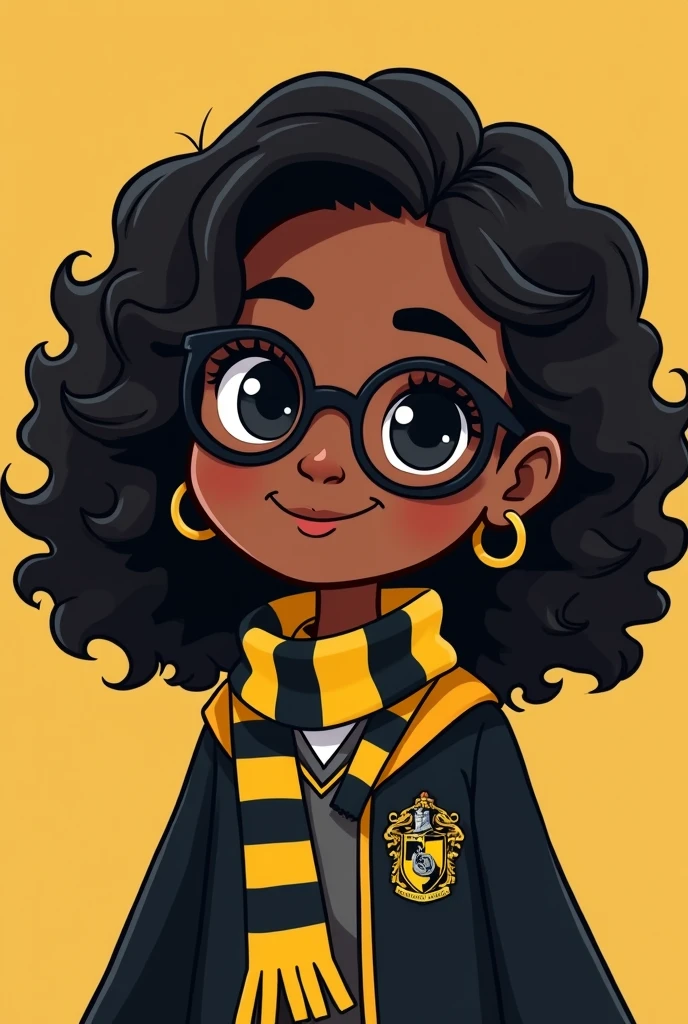 Chibi style illustration, black woman WITH DARK SKIN, dark CURLY AND VOLUMOUS shoulder length hair, Oval face, dark drooping eyes, black cat eye glasses, small-nose, fleshy lips, She is dressed in a beautiful Hufflepuff outfit., including a black cape with yellow details and a yellow and black striped scarf, Hufflepuff crest is visible on his chest. she has a cheerful and loyal expression.