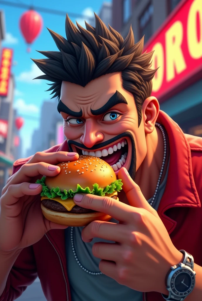 Toreto eating a hamburger