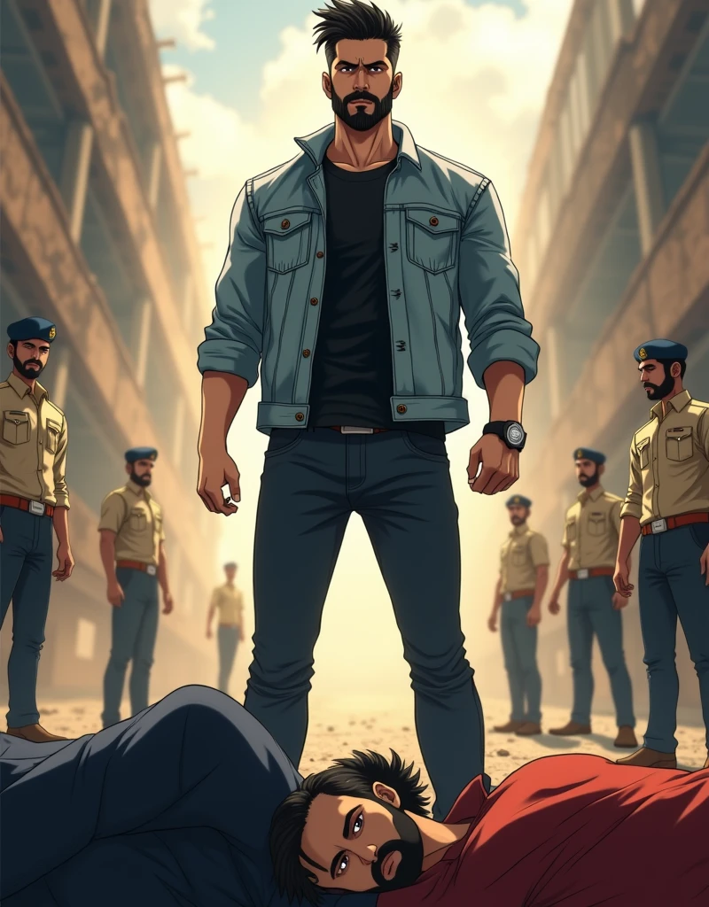 Create a anime style landscape long shoot image. Image is a dramatic fighting scene featuring a handsome man standing dominantly over several fallen individuals. The man, with a rugged appearance, has a beard, dark stylish hair and is wearing a light blue denim jacket over a black shirt, paired with dark jeans. His skin is fair tone. The background includes several uniformed men, likely police officers, standing and observing the scene. The setting appears to be an industrial or warehouse area, with a dusty atmosphere and sunlight streaming in from above, creating a high-contrast, intense visual effect. And must be behind him add title "Ismart Shankar" perfectly match.