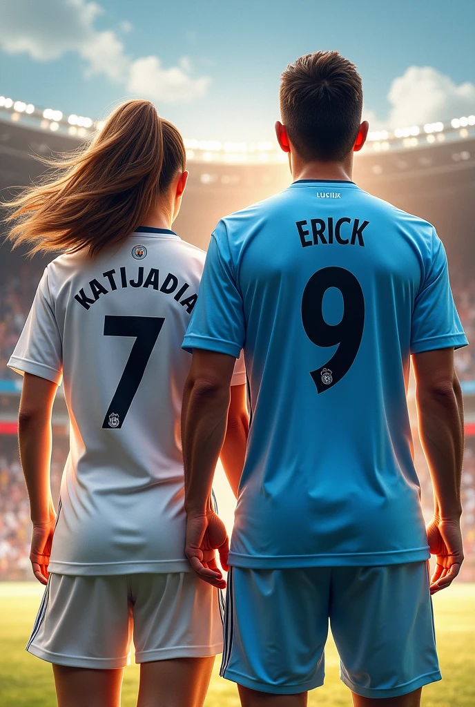 Woman and man back number 7 name Katleen and the Real Madrid shirt and number 9 name Erick and the Manchester City shirt 