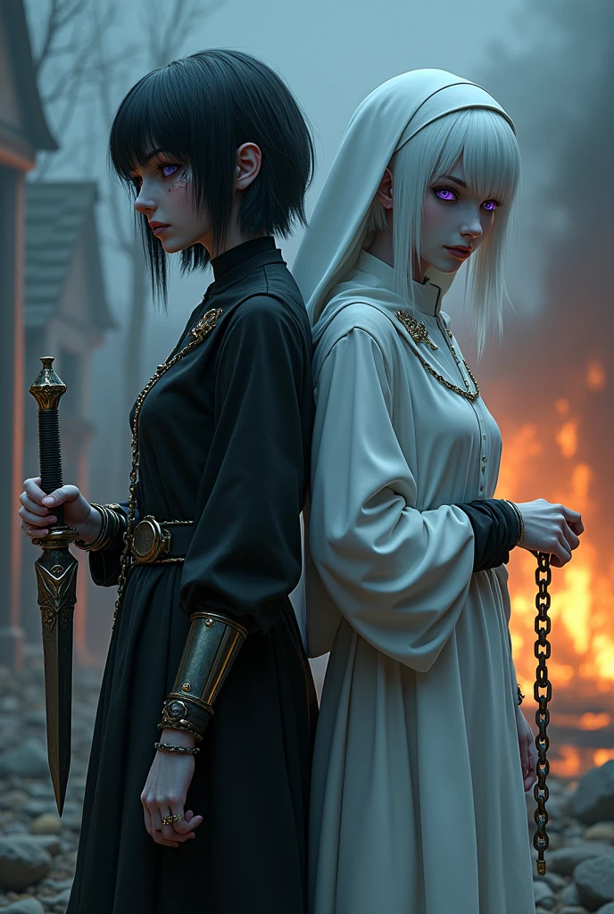 Two pale middle-aged girls chained back to back with violet eyes, with the one on the left with short black hair in dark alchemist clothes and with a steampunk prosthesis holding a dagger with the baphomet symbol in her left hand, and a cut on the face, and the one on the right with white hair and white nun clothes holding a rosary, with a burning church behind, the night.