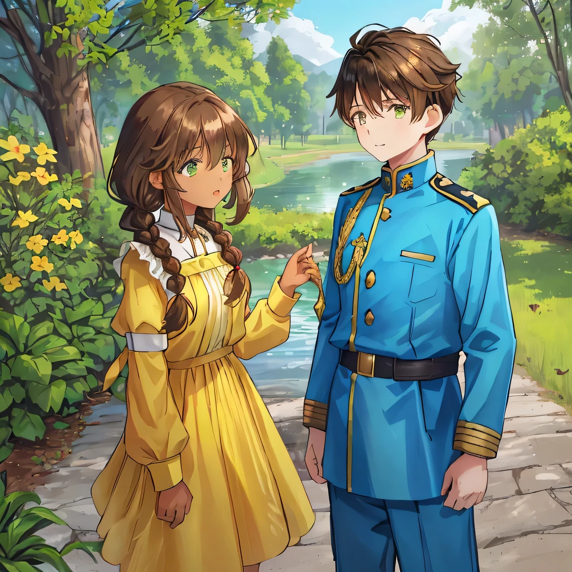 Lakeside surrounded by greenery, A scene where a boy and a girl meet, (A brown-haired yellow race boy wearing a blue military uniform:1.3), boy is brown eyes, (BREAK), (A girl wearing a light yellow loose dress with black hair tied in braids on both sides:1.2), (girl is dark-skinned and green eyes), The scene of a fateful encounter.
