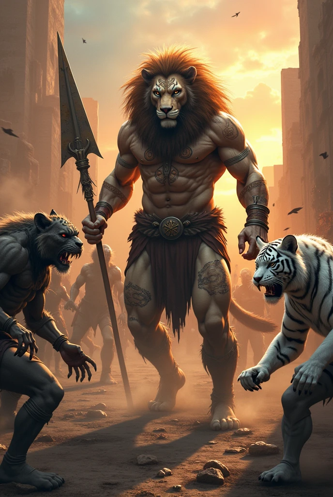 A humanoid lion warrior, along with a white tiger also humanoid, facing a horde of zombies.