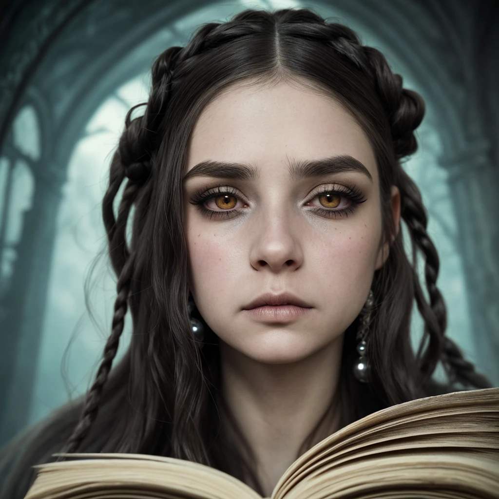 By Susanna Majuri, pencil drawing, medieval illustration, dramatic expressions, adult girl, sad woman, pain, scared, tearing up, princess, European appearance type, natural light-eyed, close set eyes, aqua eyes, dreadlocks, dreads hair, eyebrow poking ring, large face, elongated face, wide chin, cheek bulge, snub nose, short nose with a wide tip, thin lips, long eyelashes, dark makeup, dramatic style, wide eyebrows, textured skin, looking at viewer, resolution, quality, depth of field, accurate, anatomically correct, detail, fantasy background, fairy tale miniature, old book illustration, surrealism, surreal atmosphere, epic, magic, dream, wonderland, 1girl