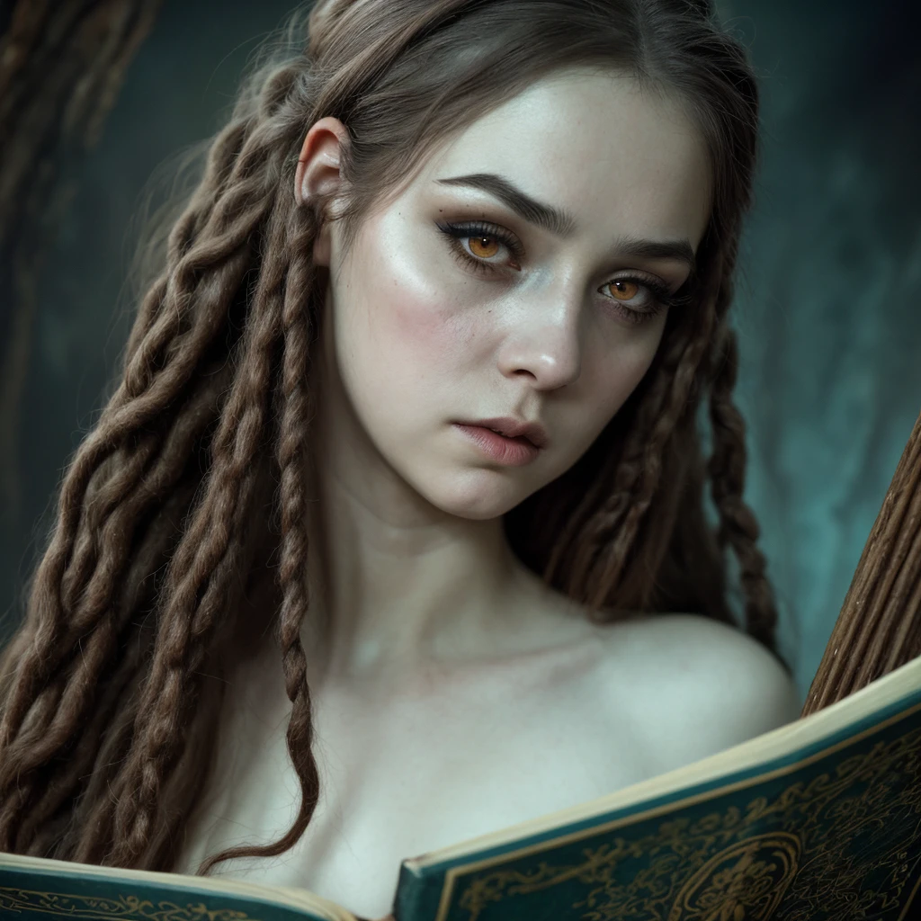 By Susanna Majuri, pencil drawing, medieval illustration, dramatic expressions, adult girl, sad woman, pain, scared, tearing up, princess, European appearance type, natural light-eyed, close set eyes, aqua eyes, dreadlocks, dreads hair, eyebrow poking ring, large face, elongated face, wide chin, cheek bulge, snub nose, short nose with a wide tip, thin lips, long eyelashes, dark makeup, dramatic style, wide eyebrows, textured skin, looking at viewer, resolution, quality, depth of field, accurate, anatomically correct, detail, fantasy background, fairy tale miniature, old book illustration, surrealism, surreal atmosphere, epic, magic, dream, wonderland, 1girl